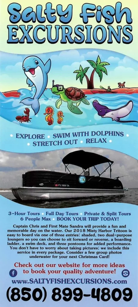 A colorful advertisement for Salty Fish Excursions features cartoon dolphins and a boat. The text highlights 3-hour tours, full-day tours, private and split tours for up to 6 people. Feel at home on the water with us! Contact details and website provided at the bottom of the ad.
