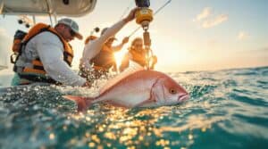 Charter boat crew and anglers releasing a red snapper safely back into the Gulf of Mexico using a descending device, with fishing rods and gear visible on deck under clear morning light.