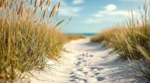 Sea oats and dune grasses growing in white sand along a coastal footpath under a blue sky, with soft sunlight and blurred water in the distance.
