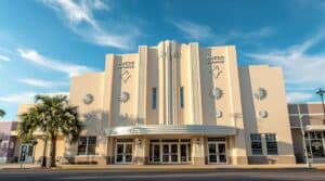 Art Deco theater façade with pastel stucco, geometric designs, and palm-frond shadows under a blue sky