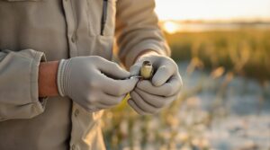 Wildlife biologist banding a small songbird at sunrise in a coastal Florida wetland, with soft golden light and marsh grasses in the background
