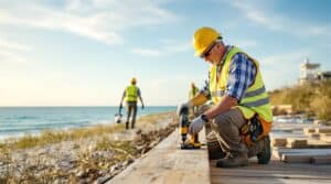 Construction crew building a wooden boardwalk sidewalk near dune grasses and the Gulf, with a worker in a yellow safety vest securing planks under a blue sky.