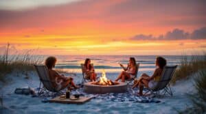 Friends roasting marshmallows over a beach fire at sunset near the Gulf, with s'mores ingredients on a blanket and gentle waves in the background.