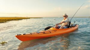 Angler launching orange kayak from sandy shoreline into calm bay water at sunrise, with fishing gear and a distant pelican, under a pastel sky.