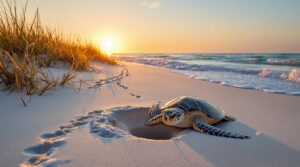Loggerhead sea turtle nesting on a sandy beach at sunrise with gentle waves, dune grasses, and golden light reflecting off its shell, representing Cape San Blas, Florida.