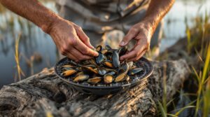 Hands placing fresh marsh mussels on a grill beside a Florida tidal marsh at sunset, with blurred grasses and water in the background.