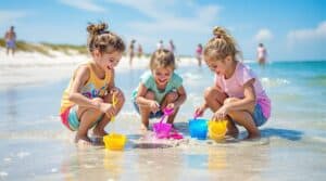 Children digging for scallops with buckets and shovels on a sunny beach, supervised by adults, with gentle waves and blurred dunes in the background
