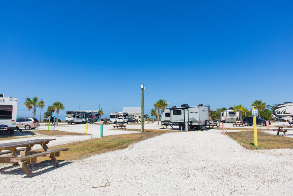 Several RVs are parked in a gravel lot at a campground with picnic tables and small palm trees under a clear blue sky.