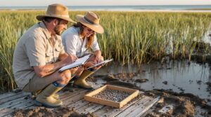 Two volunteers kneel on a wooden platform in a coastal salt marsh, counting fiddler crabs within a quadrat using a clipboard and tally counter. The marsh features tall grass, shallow tidal pools, and soft golden sunlight, evoking a serene Gulf Coast setting.
