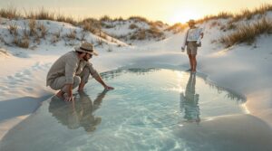 Two people explore a clear freshwater spring nestled between white sand dunes with sea oats at sunrise near Port St. Joe, Florida, under warm golden light.