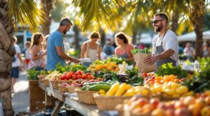 Shoppers browse colorful fresh produce at outdoor farmers market tables, with palm fronds in the background and warm morning sunlight.