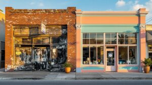 Contrasting old and new storefront facades on a quiet Port St. Joe street, with weathered brick and boarded windows beside a freshly painted pastel shop, palm plants, and soft afternoon light.