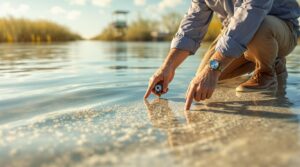 Coastal scientist kneeling by calm bay in Florida testing water quality as small bubbles rise from sandy seabed, with marsh grasses and wooden dock in soft focus background.