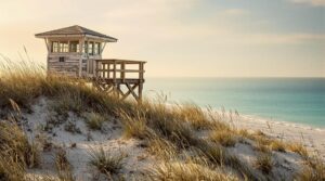 Weathered wooden lookout platform atop a sandy dune with sea oats overlooking the calm Gulf of Mexico under a moody sky, evoking a sense of mystery near Port St. Joe, Florida