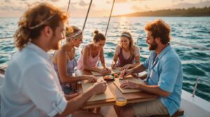Adults making sushi together on a boat at sunset with calm water and a soft shoreline in the background near Port St. Joe, Florida