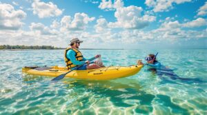 Two people scalloping in shallow bay water, one in a yellow kayak and the other snorkeling with a mesh bag of scallops, with sunlit seagrass below and a distant tree-lined shore under a partly cloudy sky.