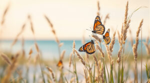 Monarch butterflies resting on sea-oat grasses in sandy coastal dunes at sunrise, with soft golden light and blurred green and blue background.
