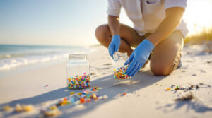 Environmental scientist collects sand samples for microplastics on a quiet Gulf Coast beach near Port St. Joe, with sample jars and gentle waves in the background.