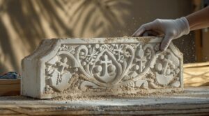 Conservator gently brushes sand from a weathered limestone cornerstone with bas-relief carvings, resting on a wooden workbench, softly lit with blurred neutral background and palm frond shadows.