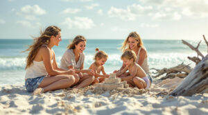Two women watch smiling friends and children build a sandcastle on a sunny, tranquil beach with gentle waves and sea oats in the background.