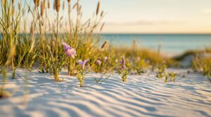 Native coastal plants including sea oats, beach morning glory, and palmetto sprouts growing on a sandy dune with calm Gulf waters and a blurred horizon in the background, captured in warm golden sunlight.