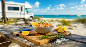 Fresh conch ceviche with Gulf lemon on a wooden table outside an RV at a coastal Florida campground, with sea grass and blurred water in the background.