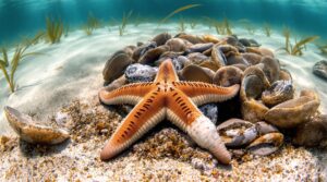 Close-up underwater view of a sea star regrowing an arm on a cluster of oyster shells, with sunlight filtering through clear water and seagrass in the background.