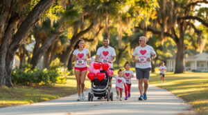 Multigenerational family running together in athletic gear with heart accents during a sunny Valentine’s Day fun run in a Gulf Coast park, palm trees and pavilion in the background, mother pushing stroller with festive balloons.