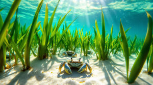 Juvenile blue crabs shelter among swaying seagrass underwater in clear, sunlit bay water.