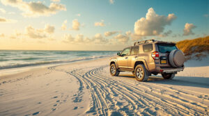 Person adjusting tire pressure on a four-wheel-drive SUV parked on a sandy beach near grassy dunes at sunset on the Gulf Coast.