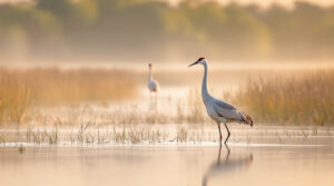 Two sandhill cranes forage in a misty Gulf Coast marsh with soft dawn light, surrounded by tall grasses and calm water.