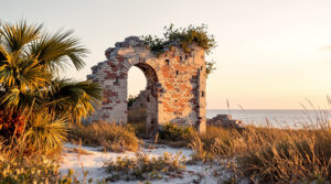 Weathered brick and stone ruins surrounded by palmetto fronds and sea oats on a sandy coastal dune at sunset, with the blurred Gulf water and sky in the background