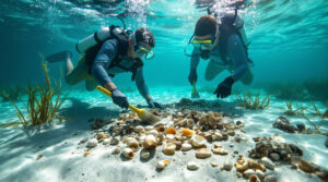 Two scuba divers uncovering ancient pottery fragments and shells on a sandy seafloor, surrounded by seagrass and filtered sunlight in clear blue water