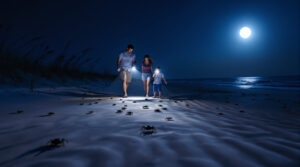 A family with two children explores a sandy beach at night under a bright full moon, using flashlights to spot small ghost crabs on the shore. Dune grasses and the calm ocean are visible in the background.