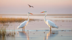 Two great white herons wading in a sunlit coastal marsh with soft grasses and calm water, early morning mist, and a distant pelican flying above the horizon.