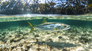 Juvenile tarpon swimming above oyster beds in clear shallow water with sunlight filtering through, sandy bottom and mangrove roots in the background