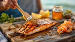 Close-up of grilled Gulf red snapper being brushed with honey glaze, surrounded by shrimp skewers, lemons, fresh herbs, and a jar of local honey on a rustic wooden board, with a soft focus coastal background.