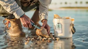 Person in sun hat and boots measures a whelk on wet tidal flats near a bucket of harvested shells, with calm water and marsh grasses in the background at low tide.
