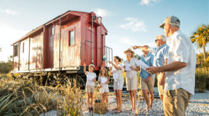 A diverse family of five searches for scavenger hunt clues near a red caboose on a sunny railroad track, with palm trees and blue sky blurred in the background.