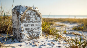 Weathered stone boundary marker from the 1840s surrounded by coastal grasses and shells in a sandy, sunlit setting near Port St. Joe, Florida