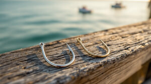 Close-up of titanium and biodegradable fishing hooks on a weathered wooden pier with calm blue water and a distant boat in soft focus, early morning sunlight.