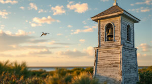 Weathered wooden church bell tower with arched openings and bronze bell, sunlit against a blurred coastal backdrop with pines, palmettos, and a seagull in the sky.