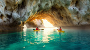 Two kayakers paddle toward a small coastal grotto on calm emerald-green bay waters, with sunlit rock formations and mist in the morning light.