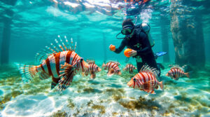 Underwater view of invasive lionfish hovering near seagrass as a diver marks a research hotspot in clear bay waters, with sunlight filtering through the surface.
