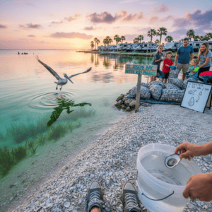 Volunteers of different ages fill mesh bags with oyster shells along a sandy shoreline at sunset near RVs, while a pelican flies low over the water and seagrass sways beneath the surface.