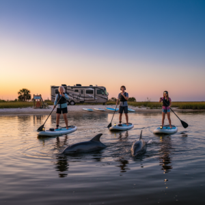 Three people on stand-up paddleboards watch dolphins swim nearby at sunrise, with an RV and paddleboards on the shore in the background, under a clear pastel sky.