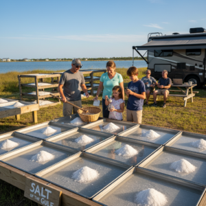 A family gathers around shallow evaporation pans harvesting sea salt outdoors near a bay, with an RV and picnic tables in the background under a clear blue sky.