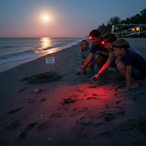 Volunteers wearing red headlamps guide sea turtle hatchlings toward the Gulf of Mexico under a full moon on a sandy beach, with an RV parked in the background.