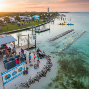 Volunteers of all ages, including children and a person using a walker, gather on a sandy shoreline to recycle oyster shells into mesh bags beside a calm bay at sunset; nearby are RVs, kayakers, a small dock, and visible underwater oyster reefs, with a lighthouse and palm trees in the background.
