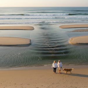 Couple walking a leashed dog on dry sand as a darker, smoother rip-current channel cuts through breaking waves offshore near Port St. Joe, Florida.